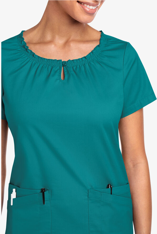 Blusa m&eacute;dica UA Butter-Soft STRETCH estilo campesina con mangas cortas y 6 bolsillos para mujer - Teal - 3