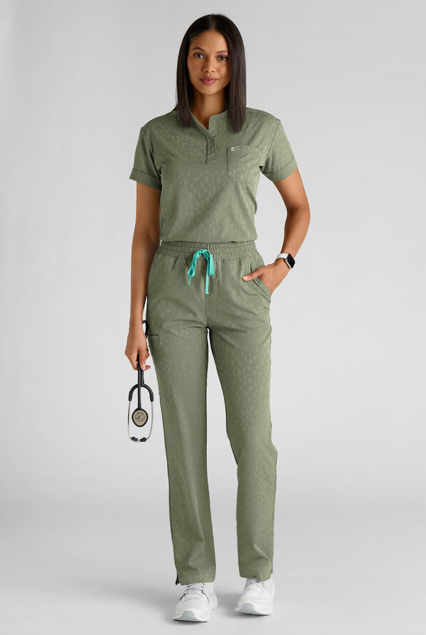 Blusa m&eacute;dica Easy STRETCH Jacquard Bella estilo Henley con 1 bolsillo para mujer - Olive Leaf - 6