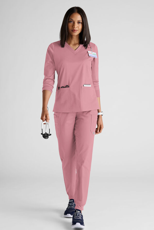 Butter-Soft STRETCH Women's 5-Pocket 3/4" Sleeve V-Neck Scrub Top - Cosmo Pink - 3