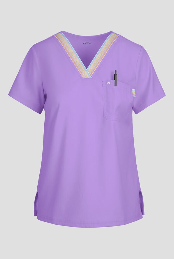 koi Lite&trade; Ember Women's 1-Pocket Rainbow Shimmer Trim V-Neck Scrub Top - French Lavender - 1