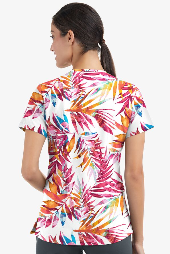 Easy STRETCH Watercolor Tropical Women's 2-Pocket Mitered V-Neck Print Scrub Top - null - 3