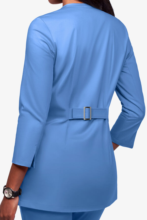 Butter-Soft STRETCH Women's 4-Pocket Jewel Neck Consultation Scrub Lab Coat - Ceil Blue - 2