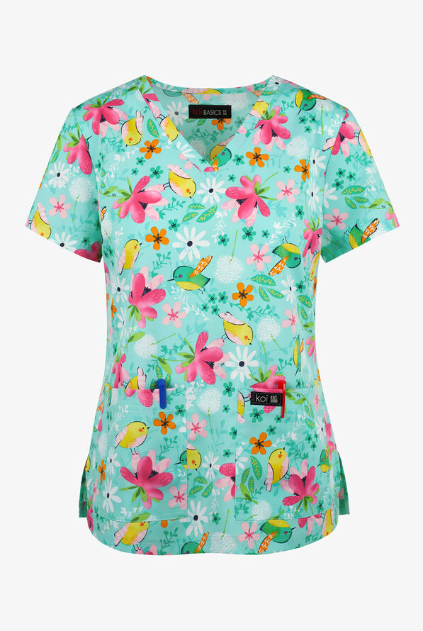 koi Basics Sweety Tweety Floral Women's 2-Pocket STRETCH V-Neck Print Scrub Top - null - 1
