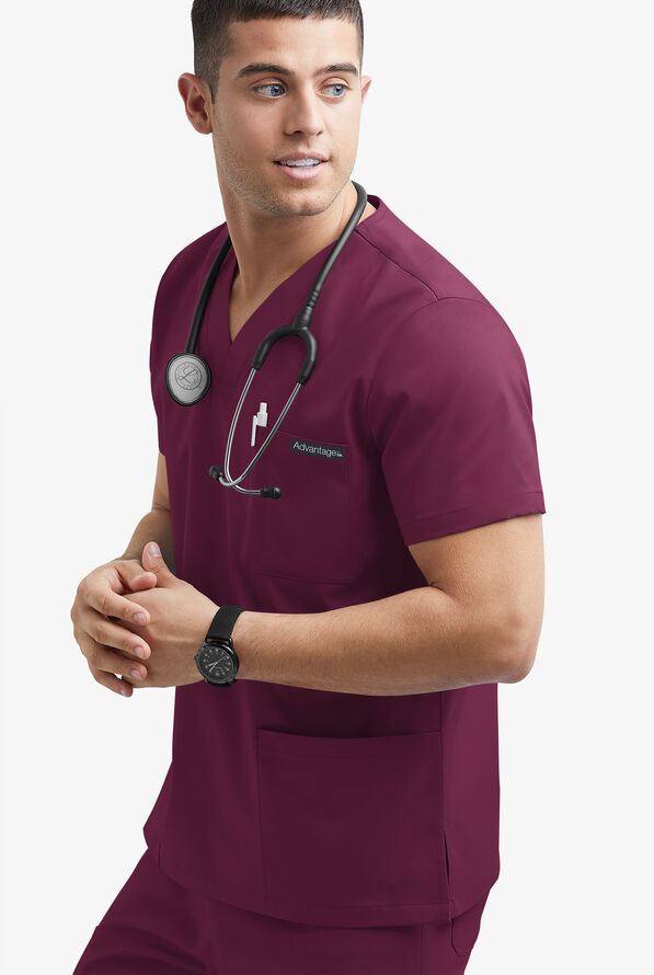 Advantage STRETCH Men's 6-Pocket V-Neck Scrub Top - Wine - 2