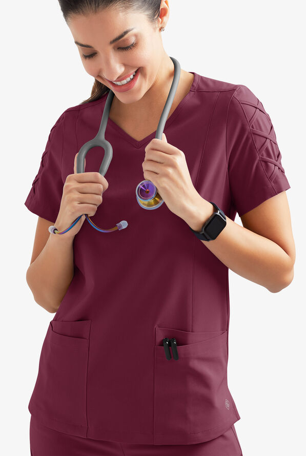 Easy STRETCH Kylie Woman's 5 Pocket V-Neck With Criss-Cross Detail Scrub Top - Wine - 3
