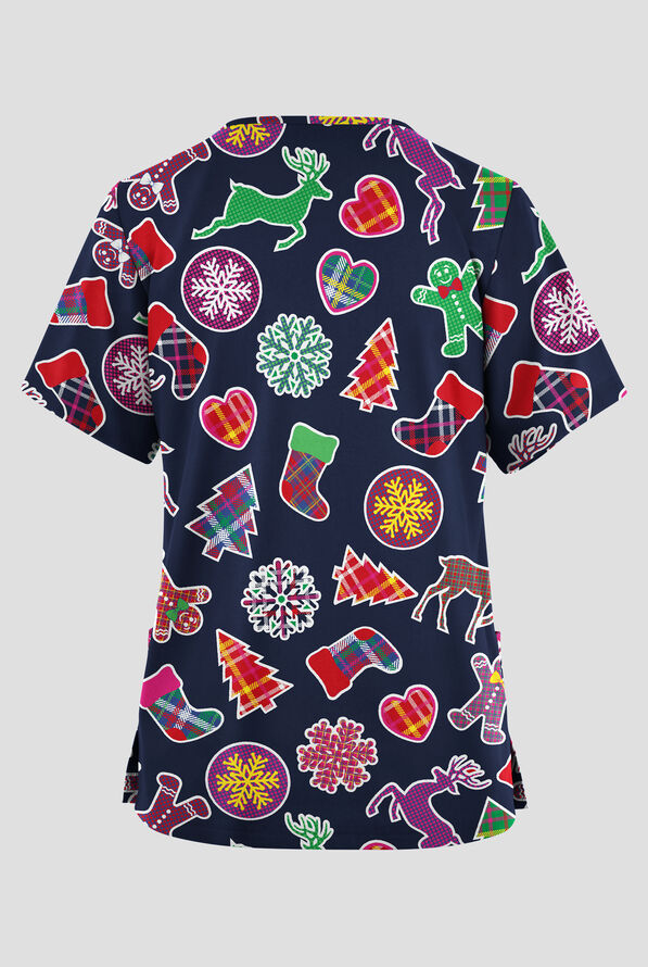 Blusa médica estampada Butter-soft Originals Christmas Tartan Navy con cuello en V y 2 bolsillos para mujer - null - 2