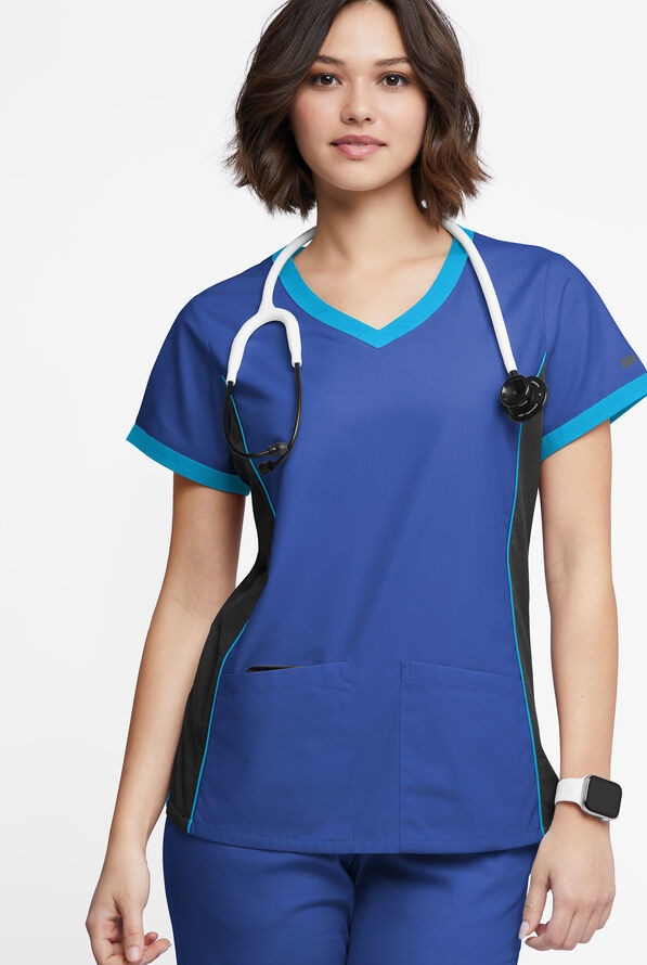 Blusa médica Butter-Soft Originals Tri-Colorblock con cuello en V y 4 bolsillos para mujer - Galaxy/Black/Turquoise - 2