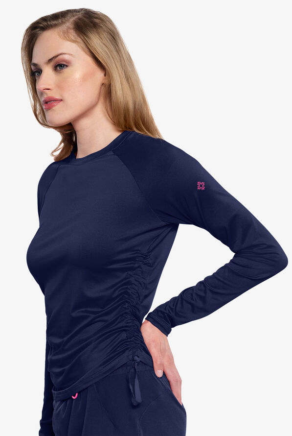 Med Couture Layers Women's STRETCH Ruched Long Sleeve Round Neck Knit Underscrub - Navy - 3