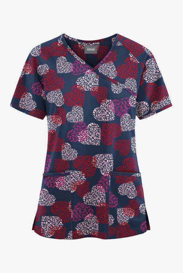 Butter-Soft Originals Power Of Love Navy Women's 3-Pocket Raglan Sleeve Mock Wrap Print Scrub Top - null - 1
