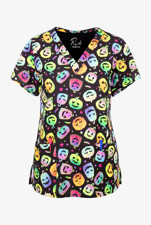 Maevn Pumpkin Madness Women's 3-Pocket STRETCH V-Neck Print Scrub Top - null - 1