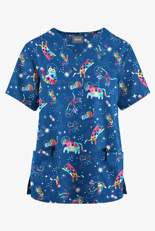 Butter-Soft Originals Galactic Cats Royal Women's 2-Pocket Classic Fit V-Neck Print Scrub Top - null - 1