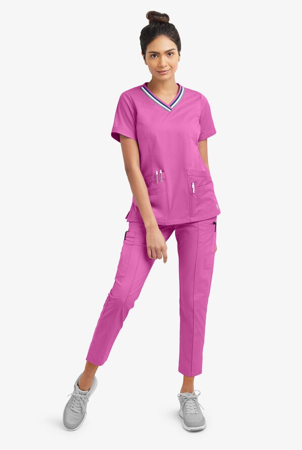 Butter-Soft STRETCH Women's 5-Pocket Short Sleeve V-Neck with Sport Trim Detail Scrub Top - Rosebud - 2