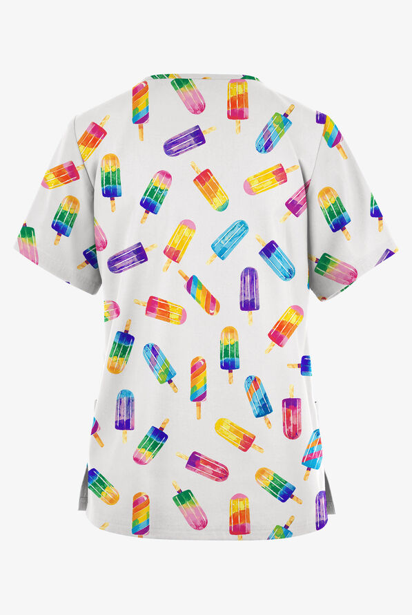 Butter-Soft Originals Rainbow Pops White Women's 2-Pocket V-Neck Print Scrub Top - null - 2