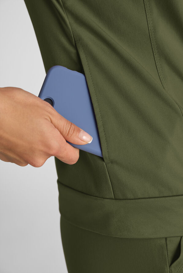 Grey's Anatomy by Barco Emerge Rowen Women's 2-Pocket STRETCH Banded Bottom Zip Scrub Top - Olive - 5