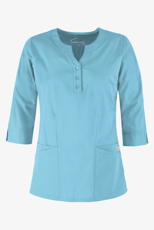 Butter-Soft STRETCH Women's 4-Pocket 3/4" Sleeve Round Neck Scrub Top - Poolside View - 1
