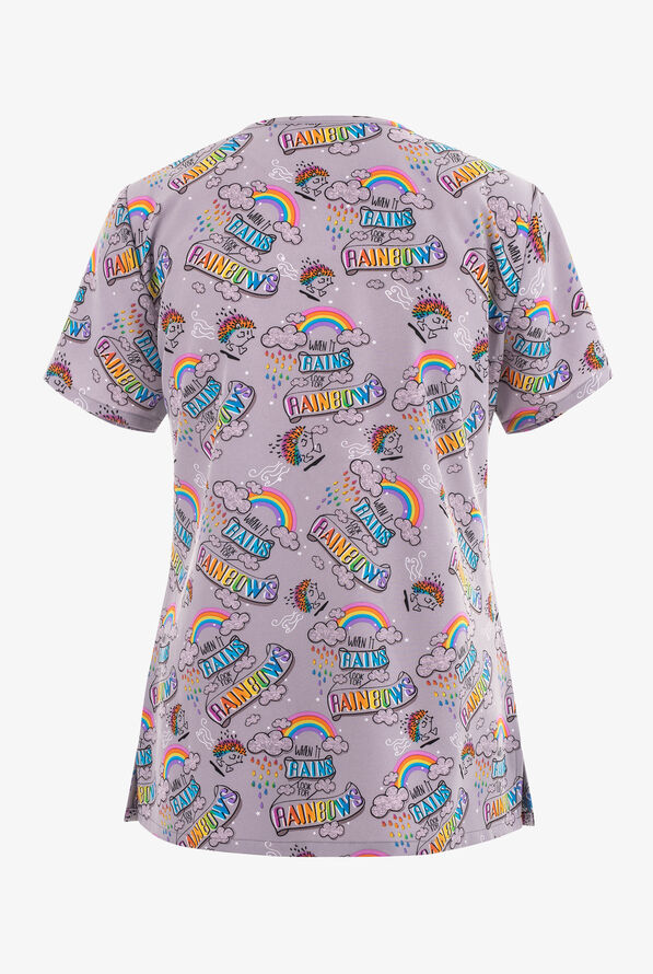 Green Town Whimsical Look For The Rainbow Women's 3-Pocket STRETCH V-Neck Print Scrub Top - null - 2