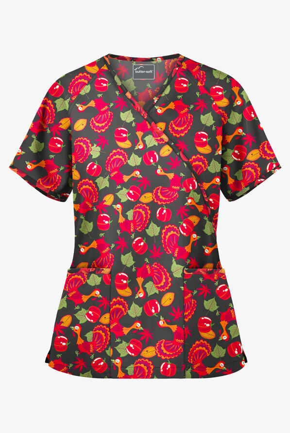 Butter-Soft Thanksgiving Morning Women's 2-Pocket Mock Wrap Print Scrub Top - null - 1