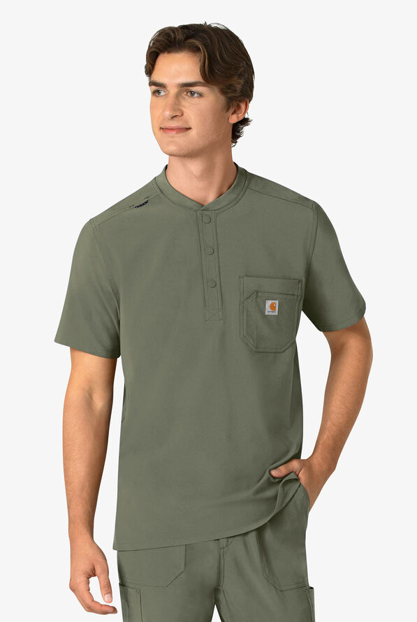 Carhartt Cross-Flex Men's 3-Pocket STRETCH Zip Pocket Henley Banded Collar Scrub Top - Olive - 2