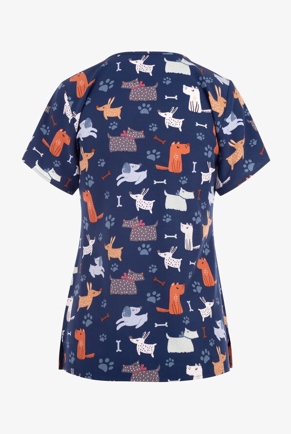 Zoe & Chloe Dapper Dog Women's 2-Pocket STRETCH V-Neck Print Scrub Top - null - 2