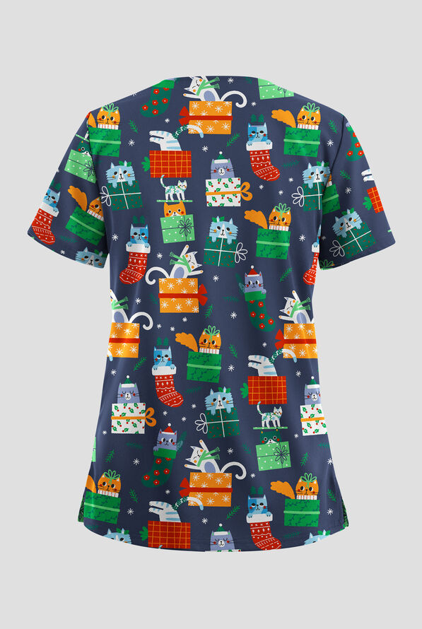 Butter-Soft STRETCH Merry Cat-mas Navy Women's 2-Pocket V-Neck Print Scrub Top - null - 2