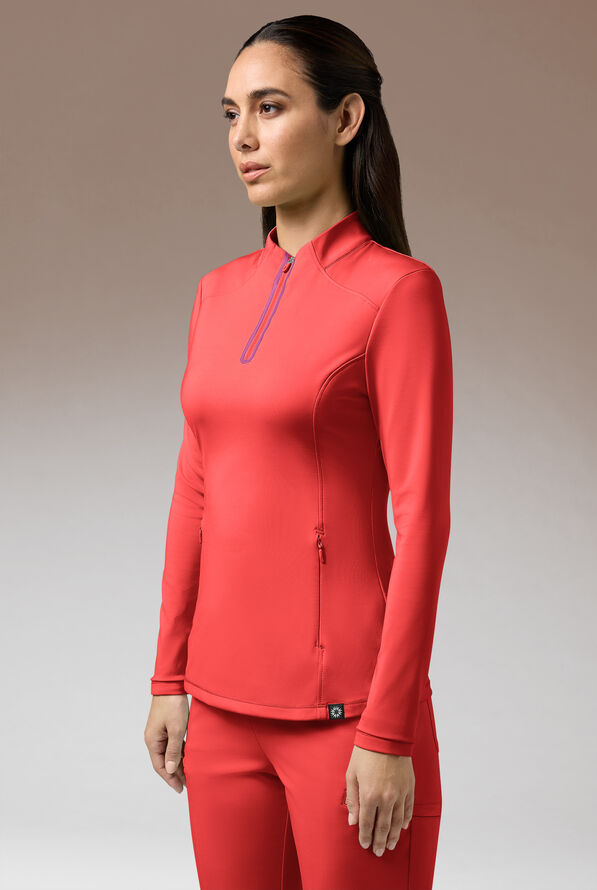 Hypothesis Omni Base K Women’s 3-Pocket Knit Long Sleeve Zip Neck Scrub Top - Radiant/Magneta - 1