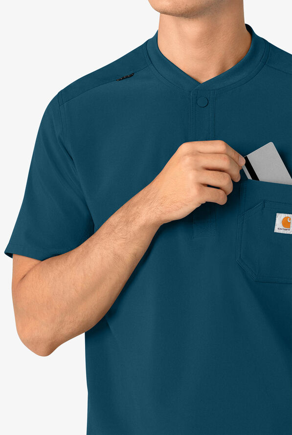 Carhartt Cross-Flex Men's 3-Pocket STRETCH Zip Pocket Henley Banded Collar Scrub Top - Caribbean Blue - 3