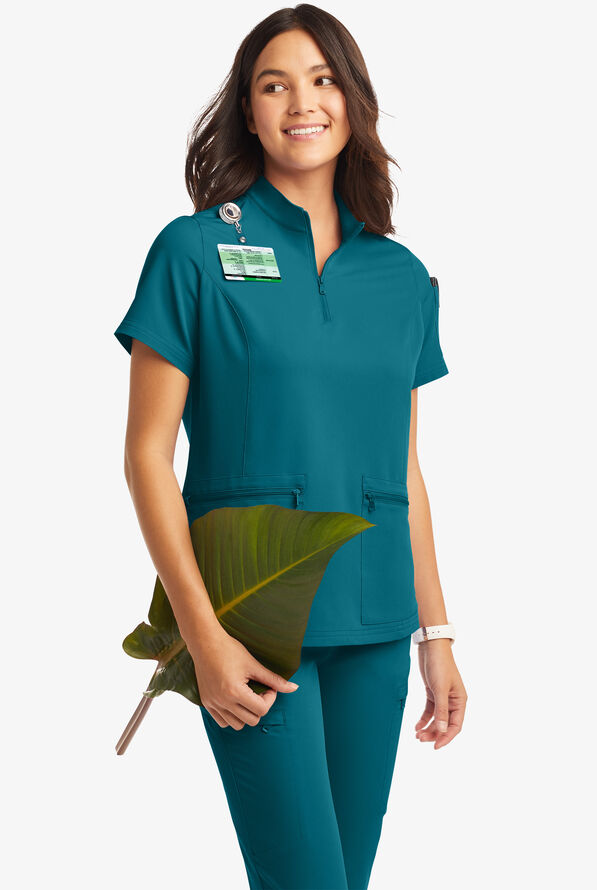 Butter-Soft Women's 5-Pocket Zipper Neck Short Sleeve Scrub Top **Slightly IRREGULAR** - Caribbean Blue - 2