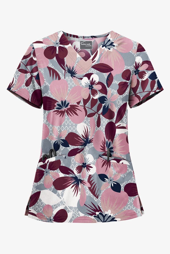 UA Butter-Soft STRETCH Bora Bora Mauve Shadow Print Scrub Top - null - 1
