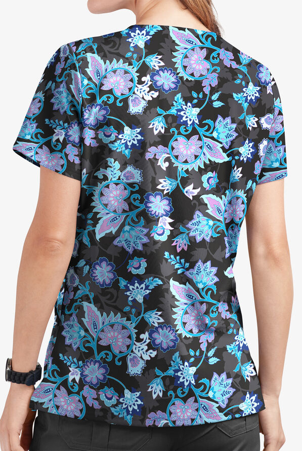 Butter-Soft STRETCH Jacobean Spring Women's 2-Pocket V-Neck Print Scrub Top - null - 3