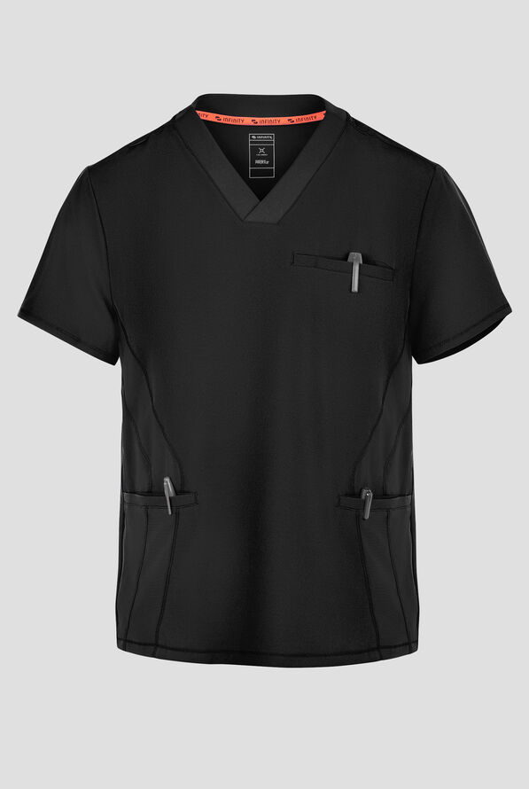 Infinity GNR8 Men's 3-Pocket STRETCH Rib-Knit Trim V-Neck Scrub Top - Black - 1