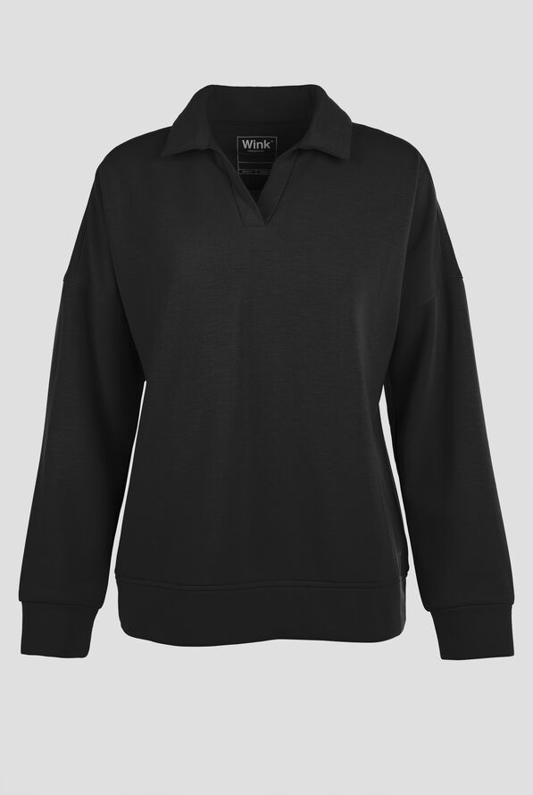 Su&eacute;ter m&eacute;dico estilo polo Wink Unwind STRETCH de felpa con corte holgado para mujer - Black - 1