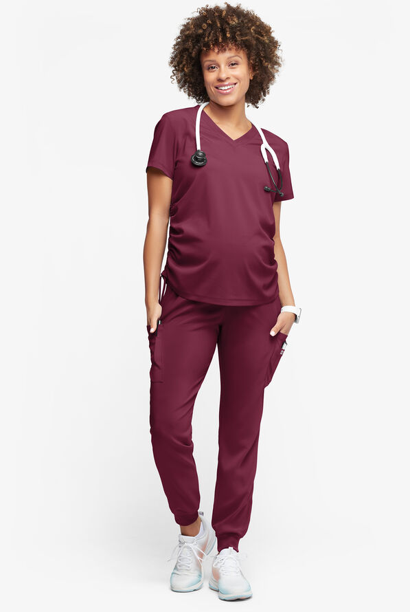 Easy STRETCH Chrissy Women's Maternity 4-Pocket Tapered Leg Jogger Scrub Pants - Wine - 5