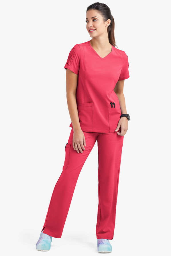 Easy STRETCH Kylie Woman's 5 Pocket V-Neck With Criss-Cross Detail Scrub Top - Bright Watermelon - 2