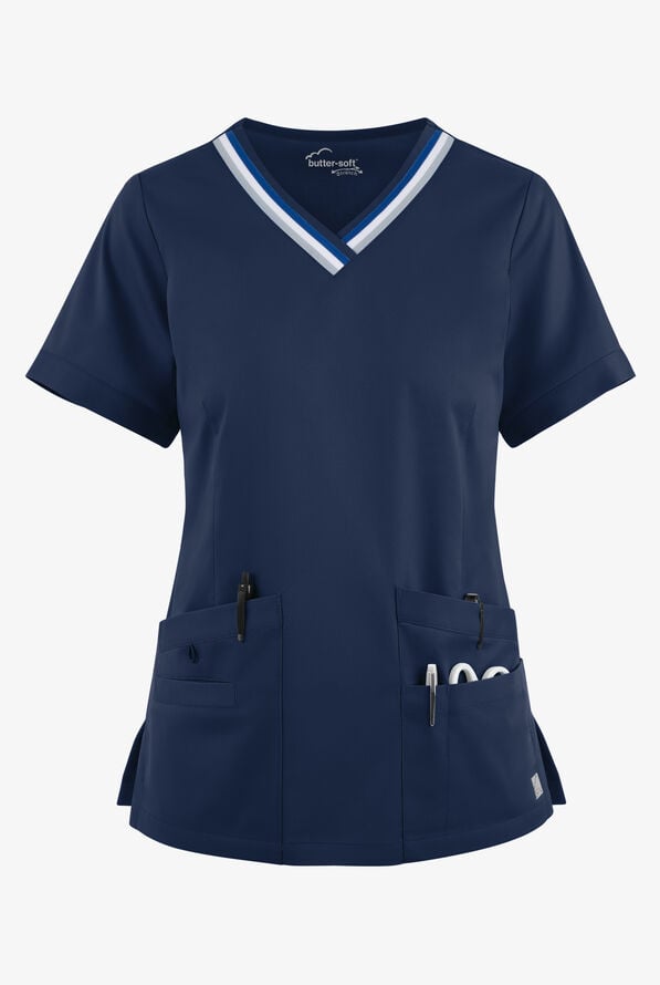 Butter-Soft STRETCH Women's 5-Pocket Short Sleeve V-Neck with Sport Trim Detail Scrub Top - Navy - 1