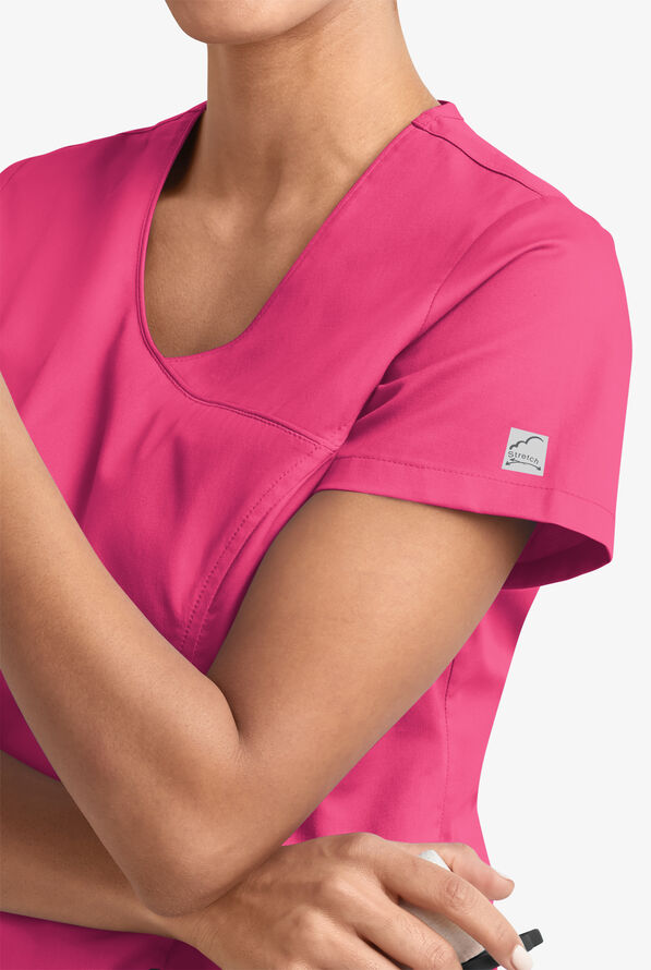 Butter-Soft STRETCH Women's 3-Pocket V-Neck Mock Wrap Scrub Top - Fuchsia - 3