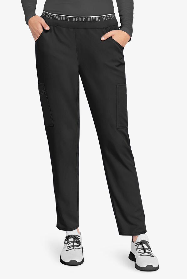 Med Couture Insight Women's 5-Pocket Logo Waistband Tapered Leg Cargo Scrub Pants - Black - 1