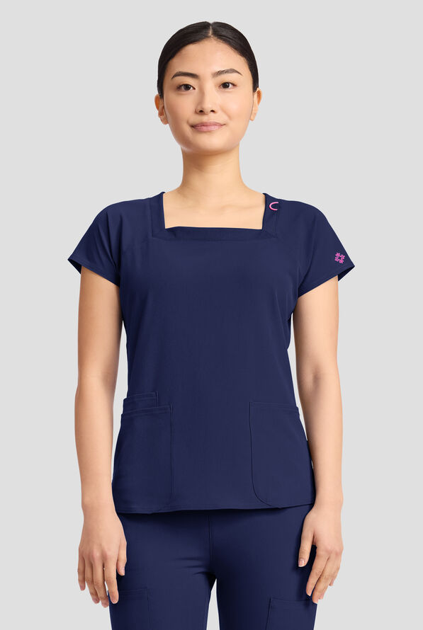 Med Couture Amp Women's 3-Pocket STRETCH Raglan Sleeve Square Neck Scrub Top - Navy - 3