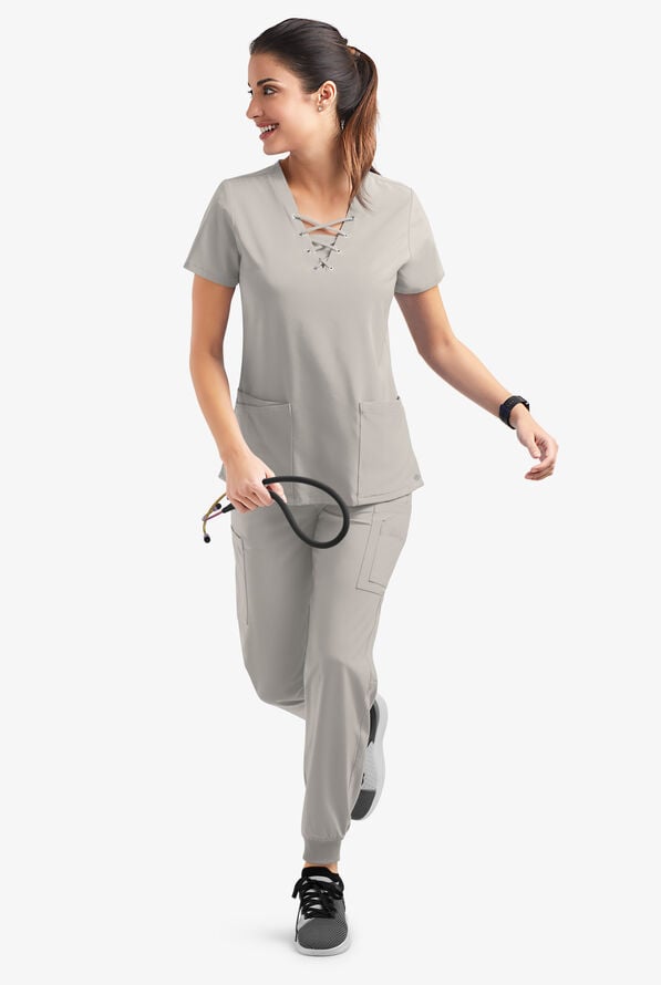 Easy STRETCH Gisele Women's 4-Pocket Lace Up V-Neck Scrub Top - Lunar Grey - 6
