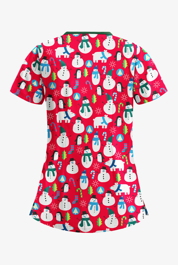 Butter-Soft North Pole Party Red Women's 3-Pocket Criss Cross Print Scrub Top - null - 2