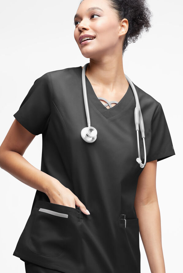 Butter-Soft Originals Women's 3-Pocket Crisscross Contrast V-Neck Scrub Top - Black/Silver - 2