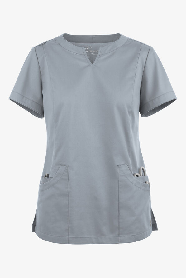 Butter-Soft STRETCH Women's 4-Pocket Notch Neck Scrub Top - Silver - 1