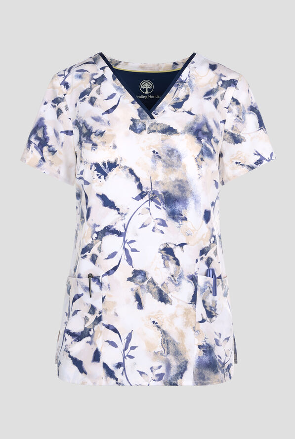 Healing Hands Watercolor Botanical Women's 3-Pocket STRETCH V-Neck Print Scrub Top - null - 1