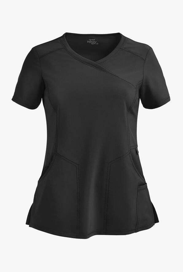 Infinity Women's 4-Pocket STRETCH Mock Wrap Scrub Top - Black - 1