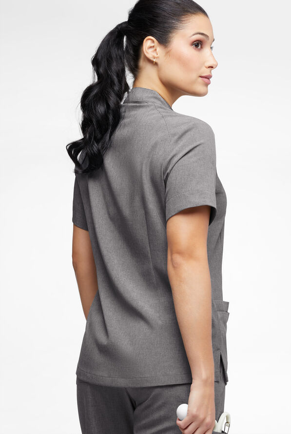 Easy STRETCH Jen Women's 4-Pocket Zip-Neck Short Sleeve Scrub Top - Graphite Heather - 4