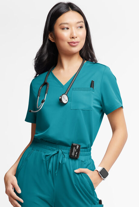 Blusa médica WhisperLite Zora Stretch con cuello en V y 2 bolsillos para mujer