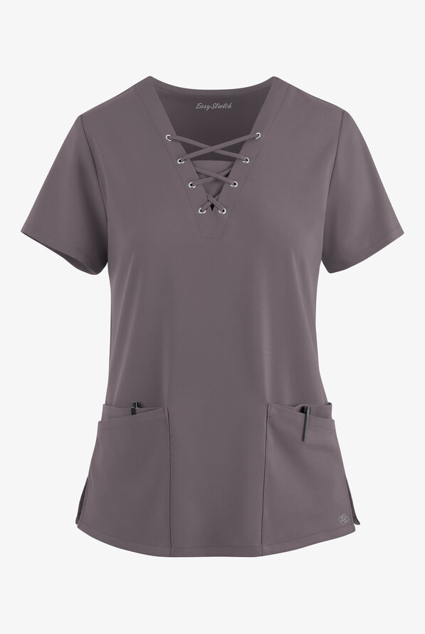 Easy STRETCH Gisele Women's 4-Pocket Lace Up V-Neck Scrub Top - Grey Stone - 1
