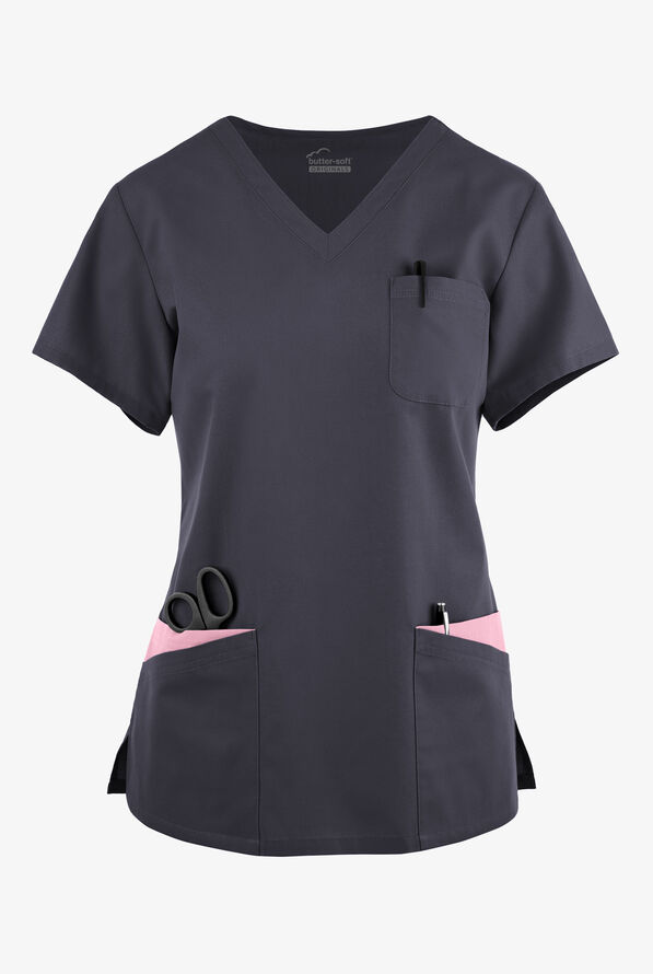 Butter-Soft Originals Women's 7-Pocket Rounded V-Neck Scrub Top - Pewter/Blush - 1