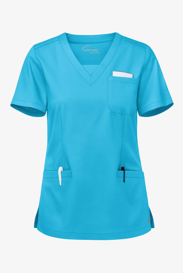 Butter-Soft STRETCH Women's 3-Pocket Welt V-Neck Scrub Top - Turquoise - 1