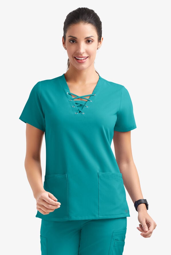 Easy STRETCH Gisele Women's 4-Pocket Lace Up V-Neck Scrub Top - Teal - 2