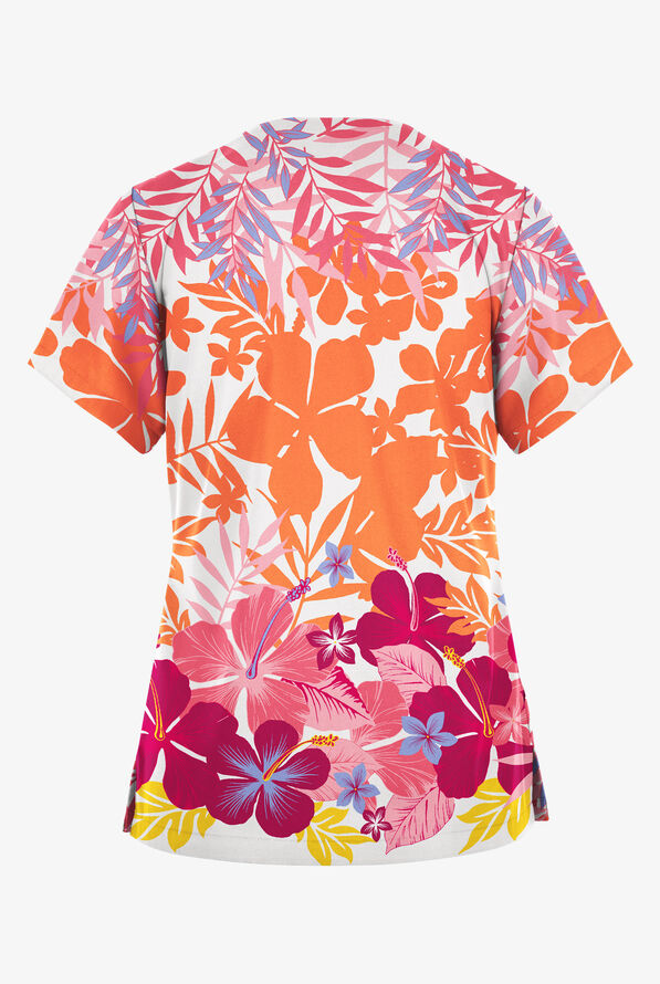 Butter-Soft Originals Subtle Flowers White Women's 2-Pocket V-Neck Print Scrub Top - null - 2